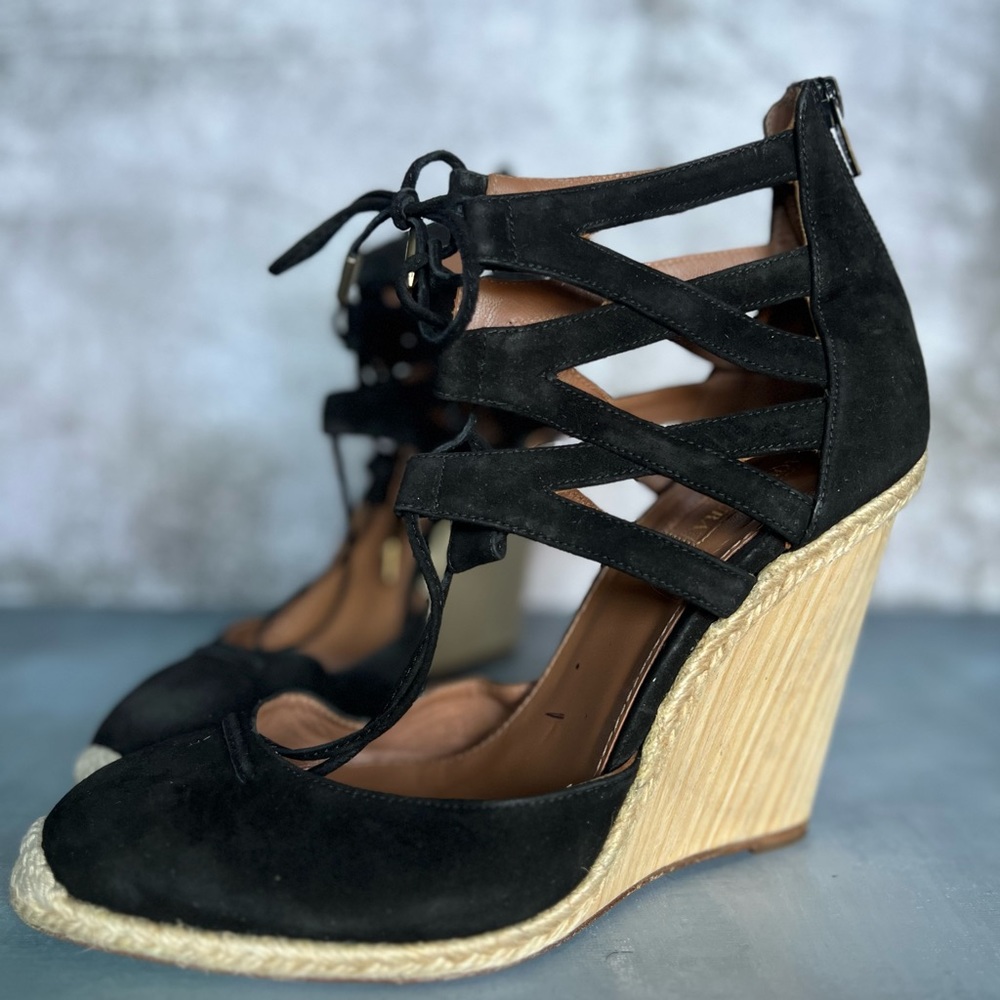 Black leather suede wedges espadrilles